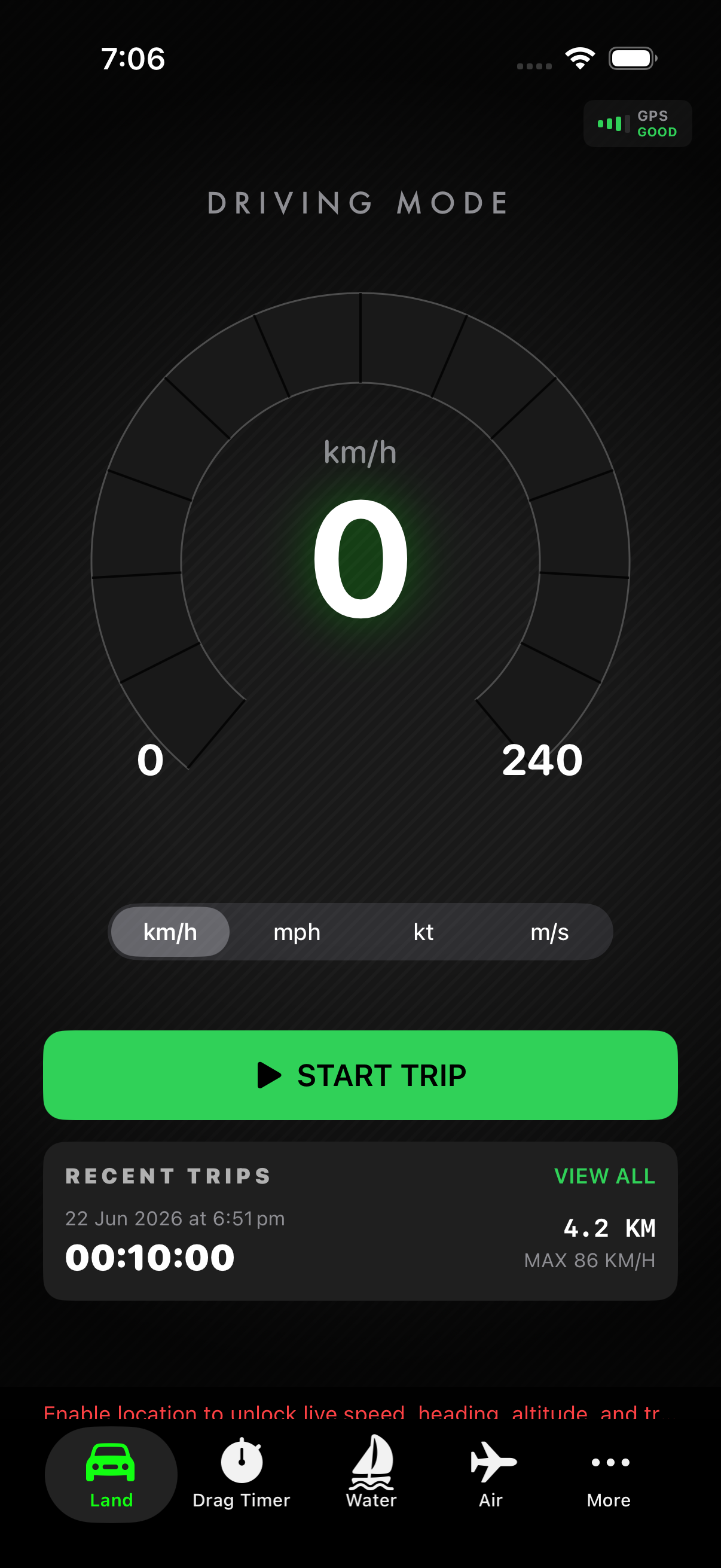 TriVector iPhone live speed dashboard showing GPS status, speed, and recent trip summary.