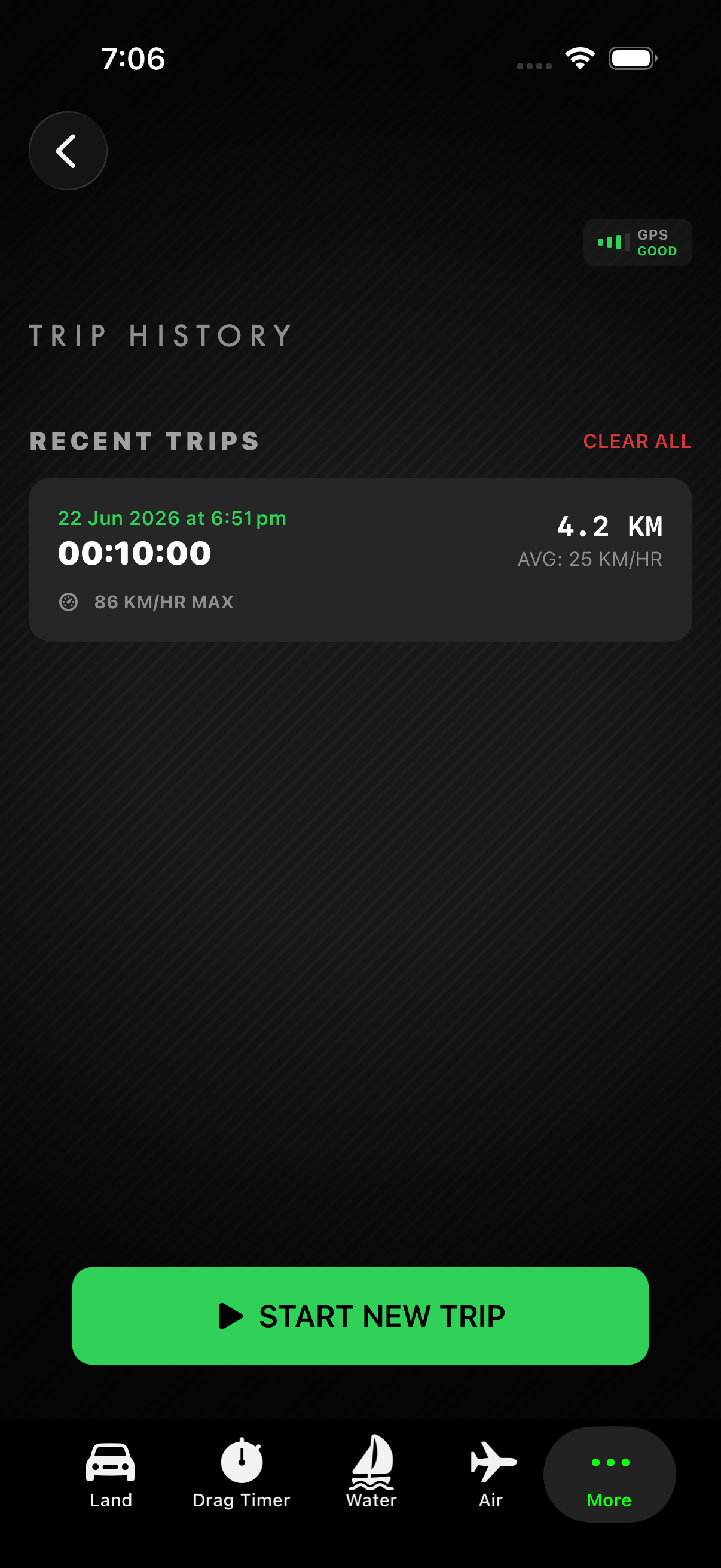 TriVector iPhone trips history screen showing previous trips and recorded totals.